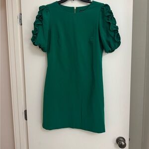 Emerald Mini Shift Dress with puff short sleeves and ruffle detail.  Size XS